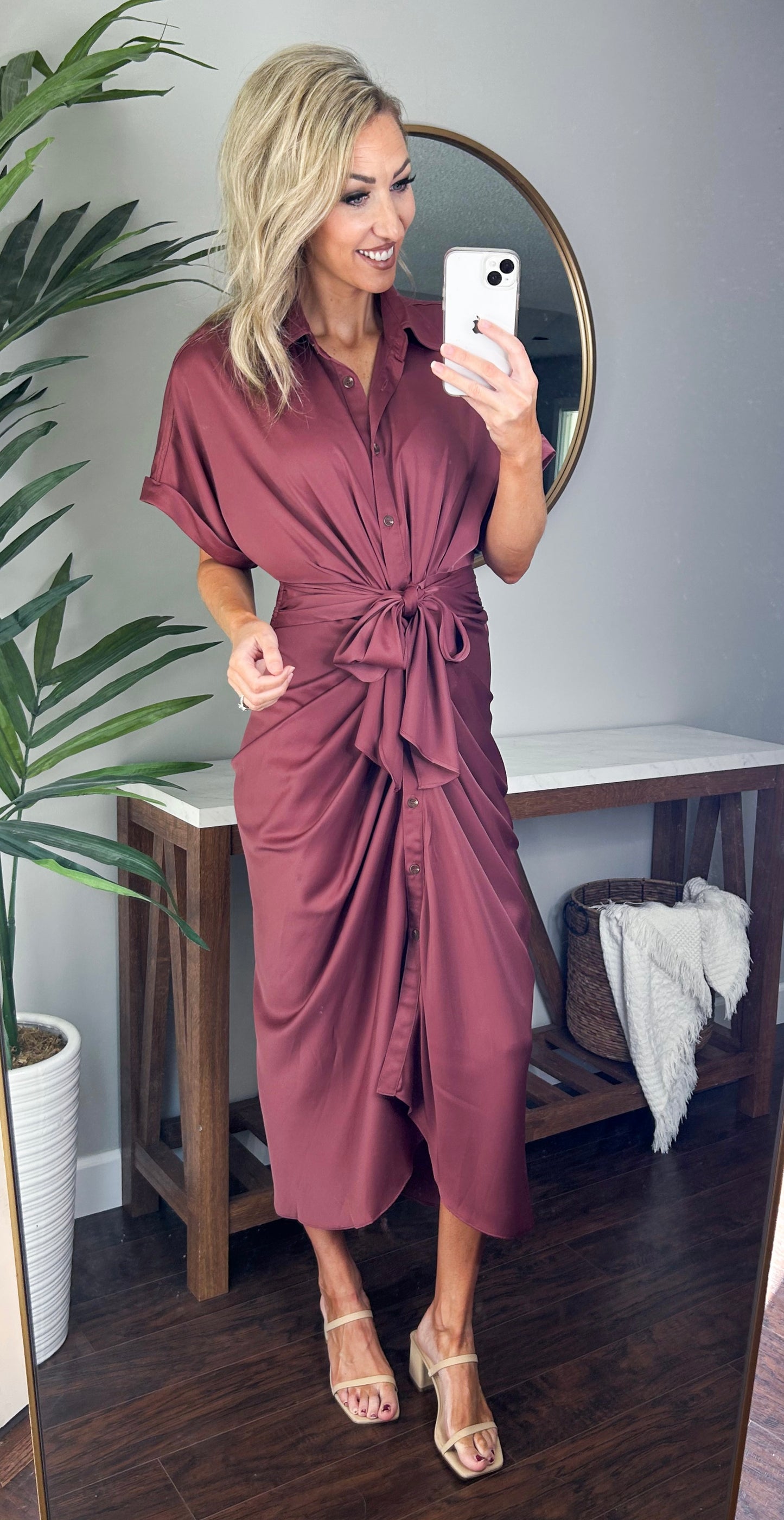 Beloved Gathered Button Down Midi Dress