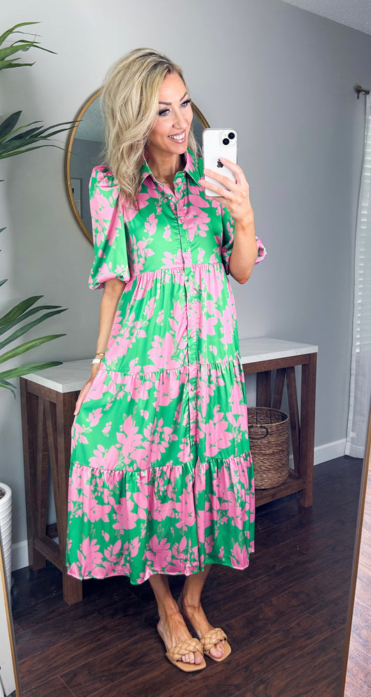 Meara Printed Floral Maxi Dress (Green/Pink)