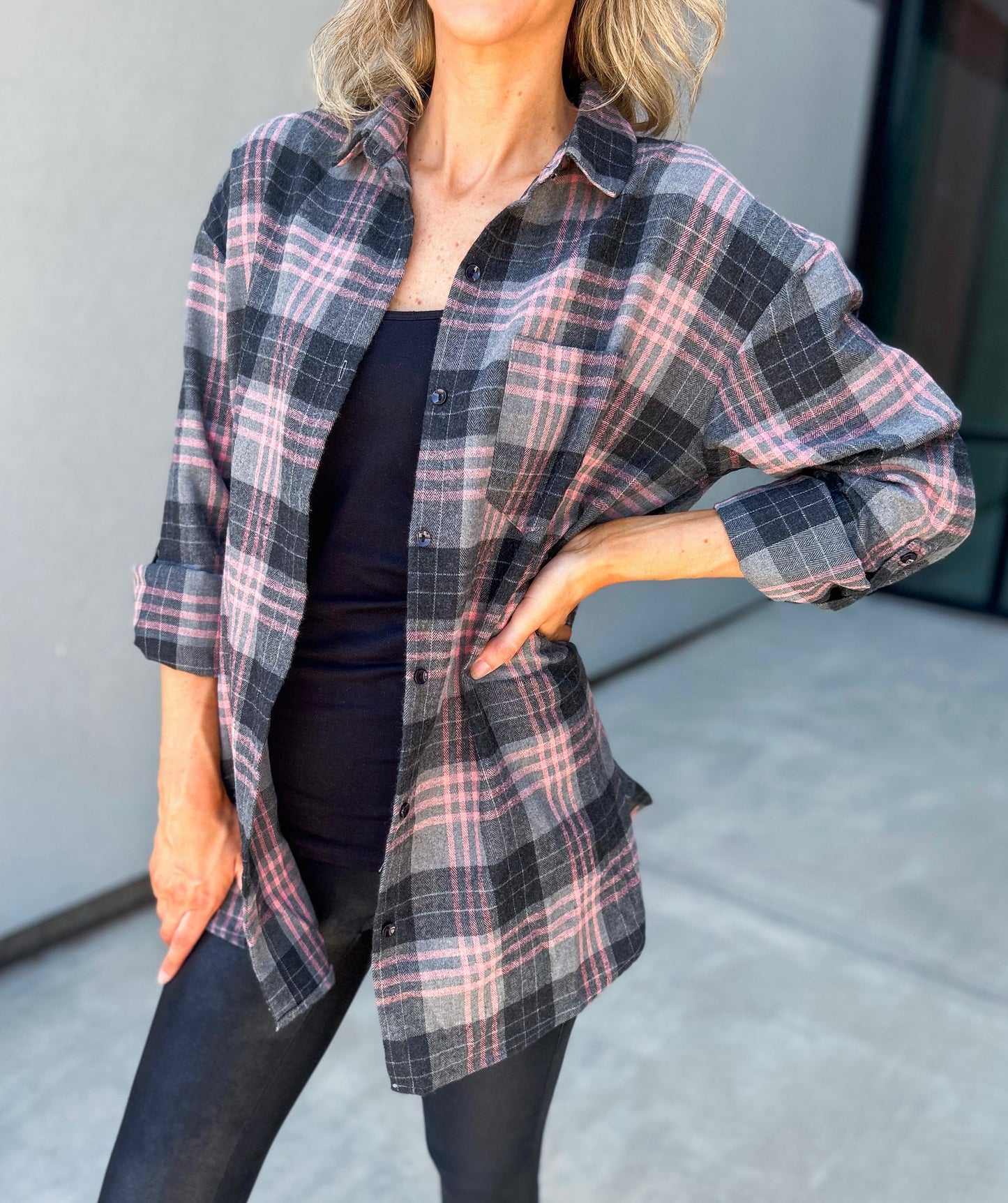 Allery Long Oversized Plaid Flannel Button Up Top (Black)