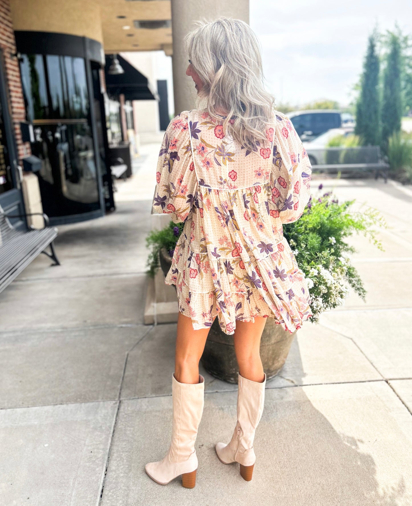 Golden Floral Tiered Mini Dress
