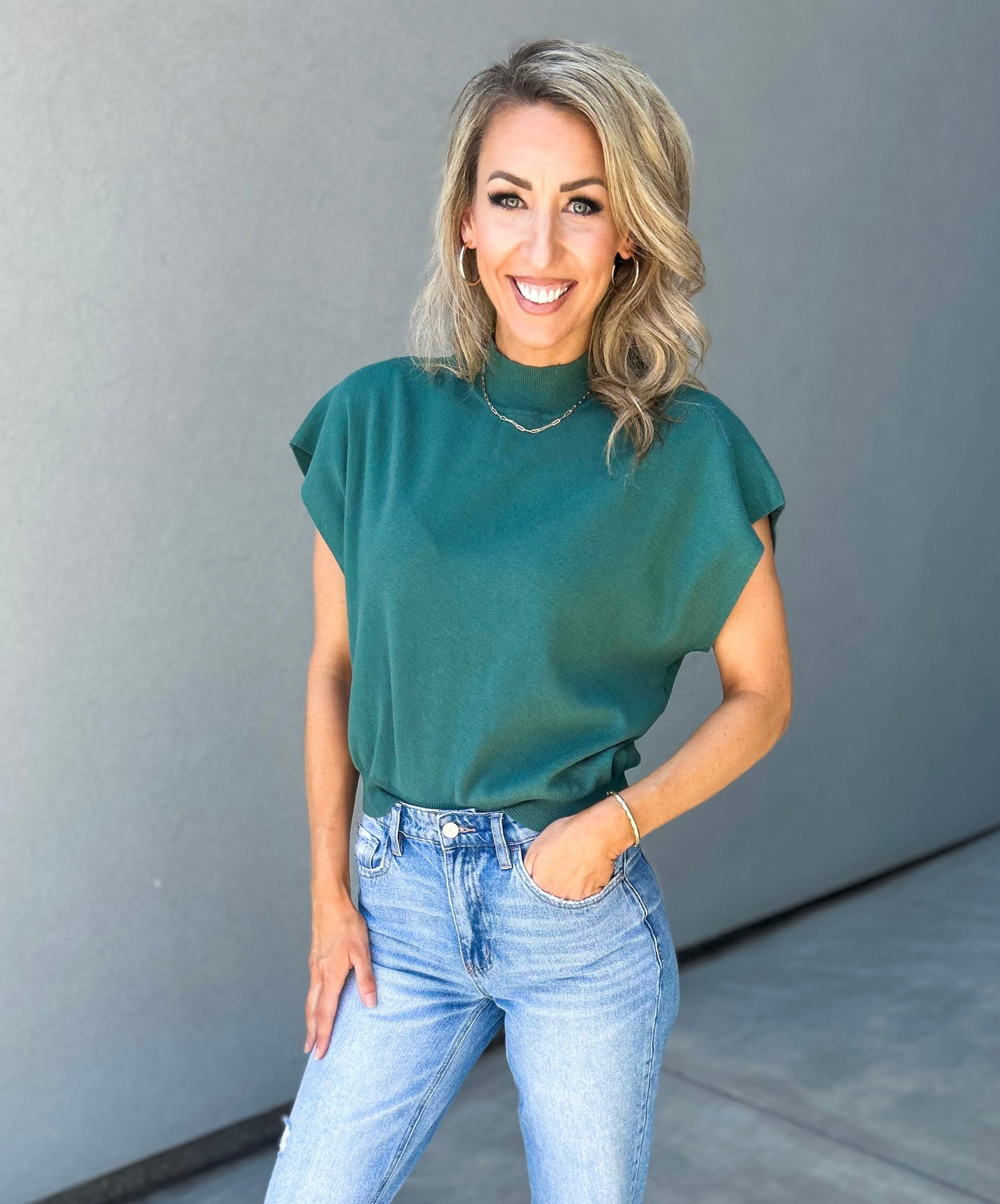 Sadei Mock Neck Short Sleeve Sweater Top (Teal)
