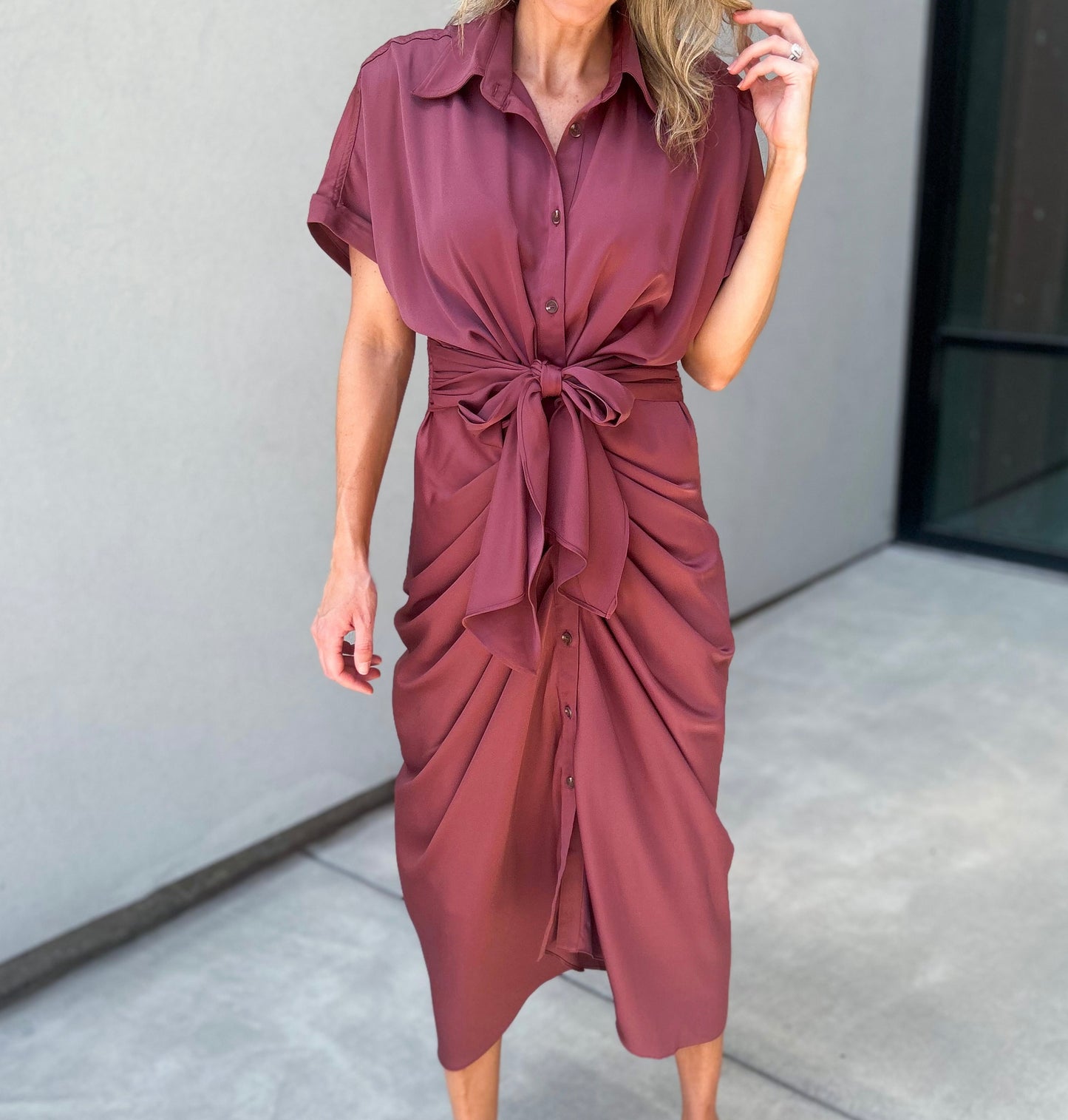 Beloved Gathered Button Down Midi Dress