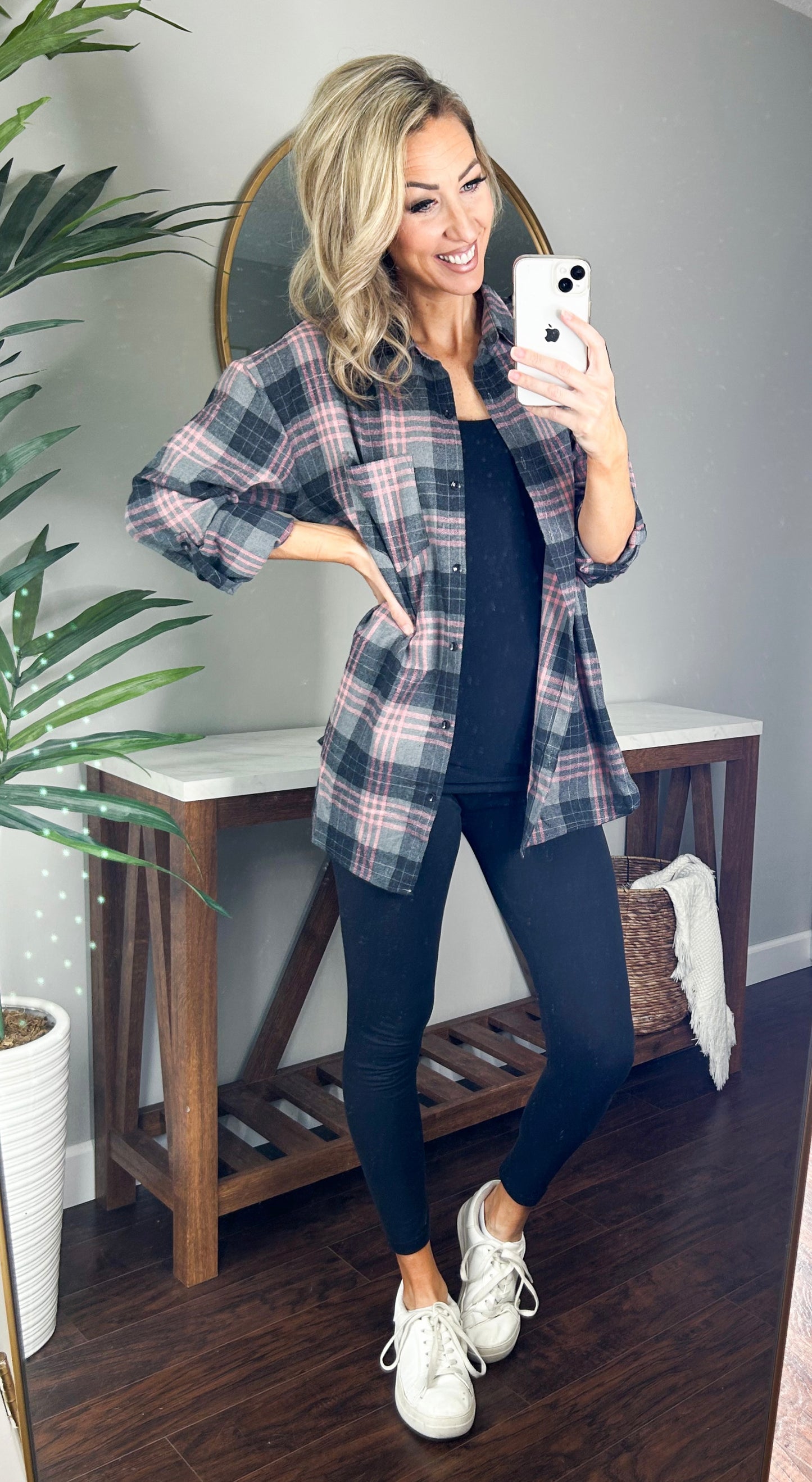 Allery Long Oversized Plaid Flannel Button Up Top (Black)