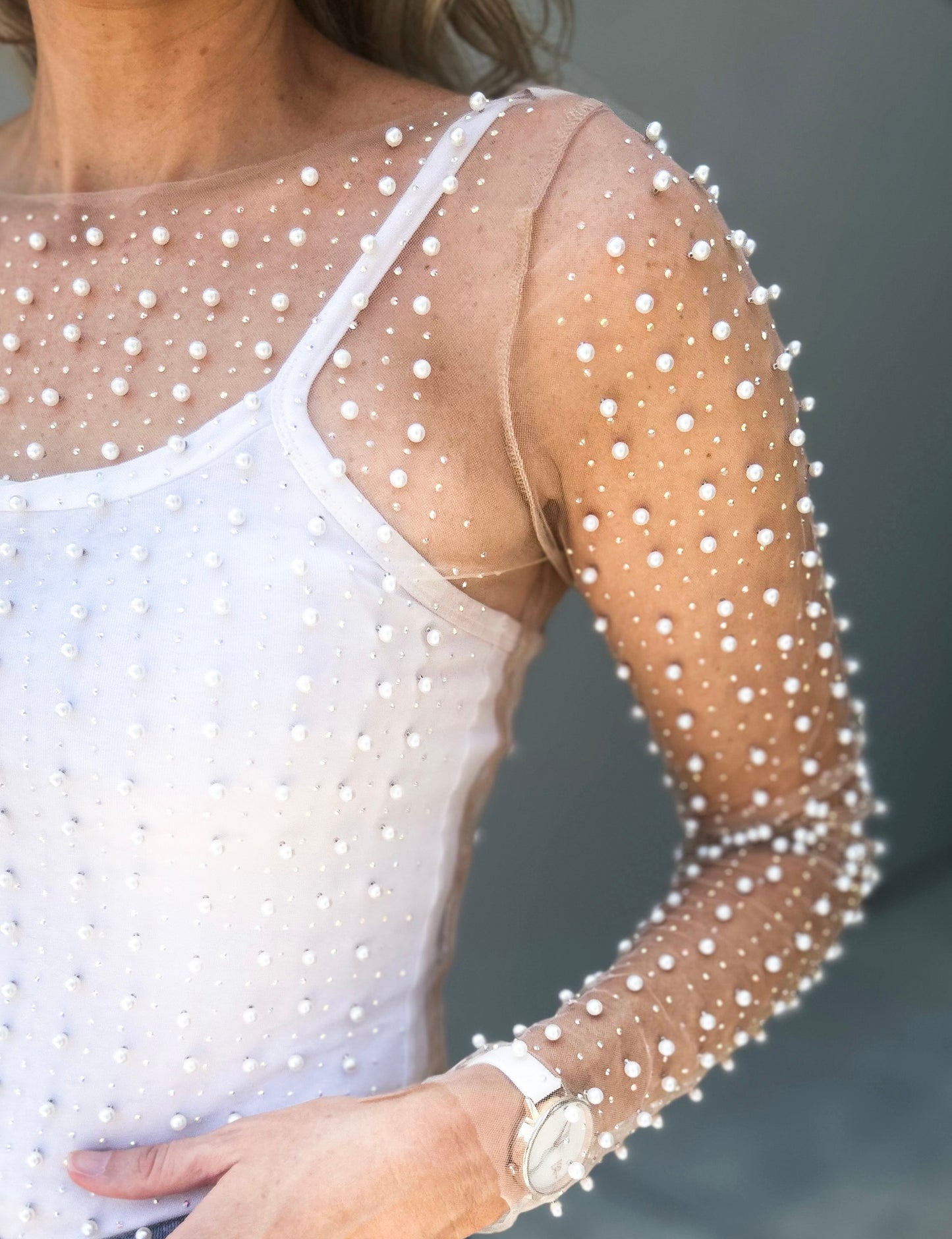 Nicki Rhinestone Pearl Long Sleeve Mesh top