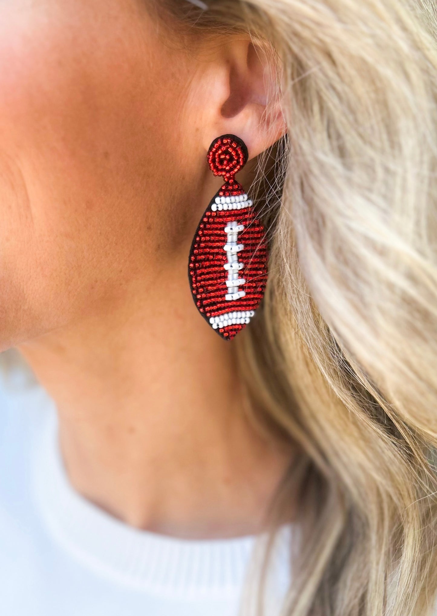Beaded Football Drop Earrings (Red)
