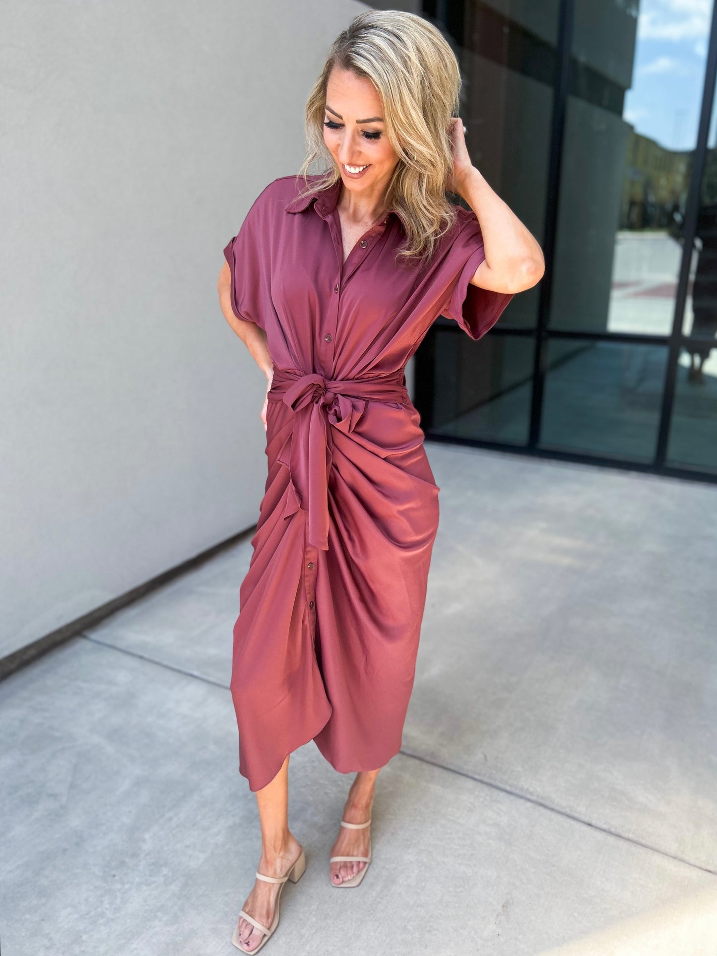 Beloved Gathered Button Down Midi Dress