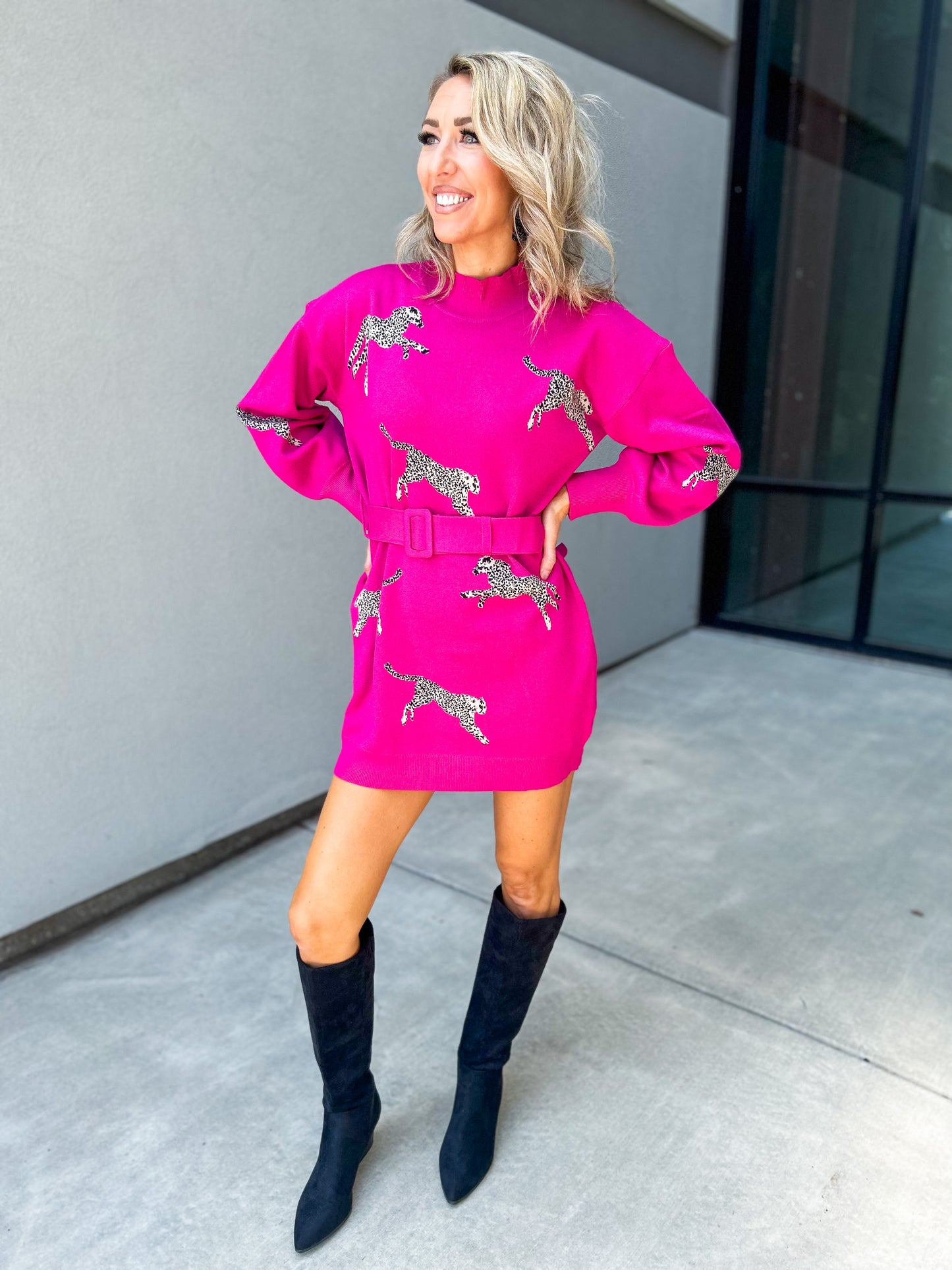 Lydia Leopard Belted Sweater Dress