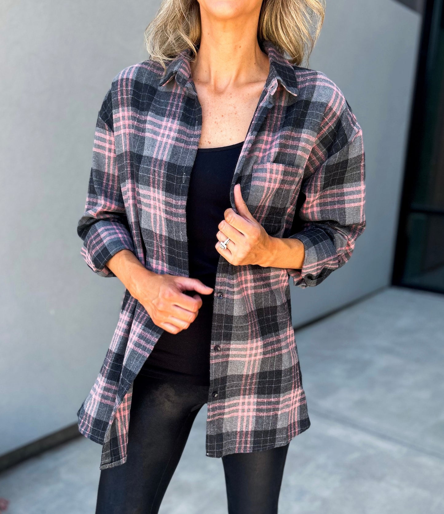 Allery Long Oversized Plaid Flannel Button Up Top (Black)