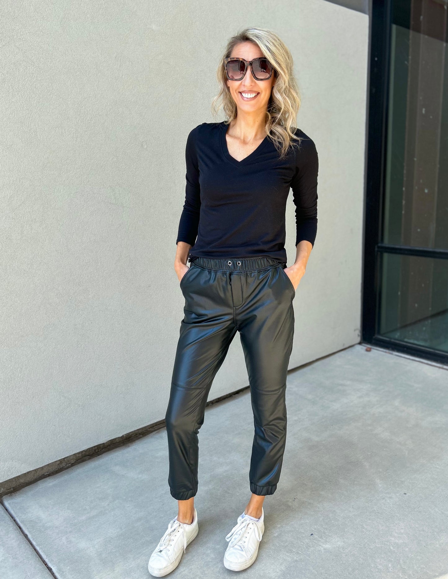 Dez Stretch Faux Leather Joggers (Black)