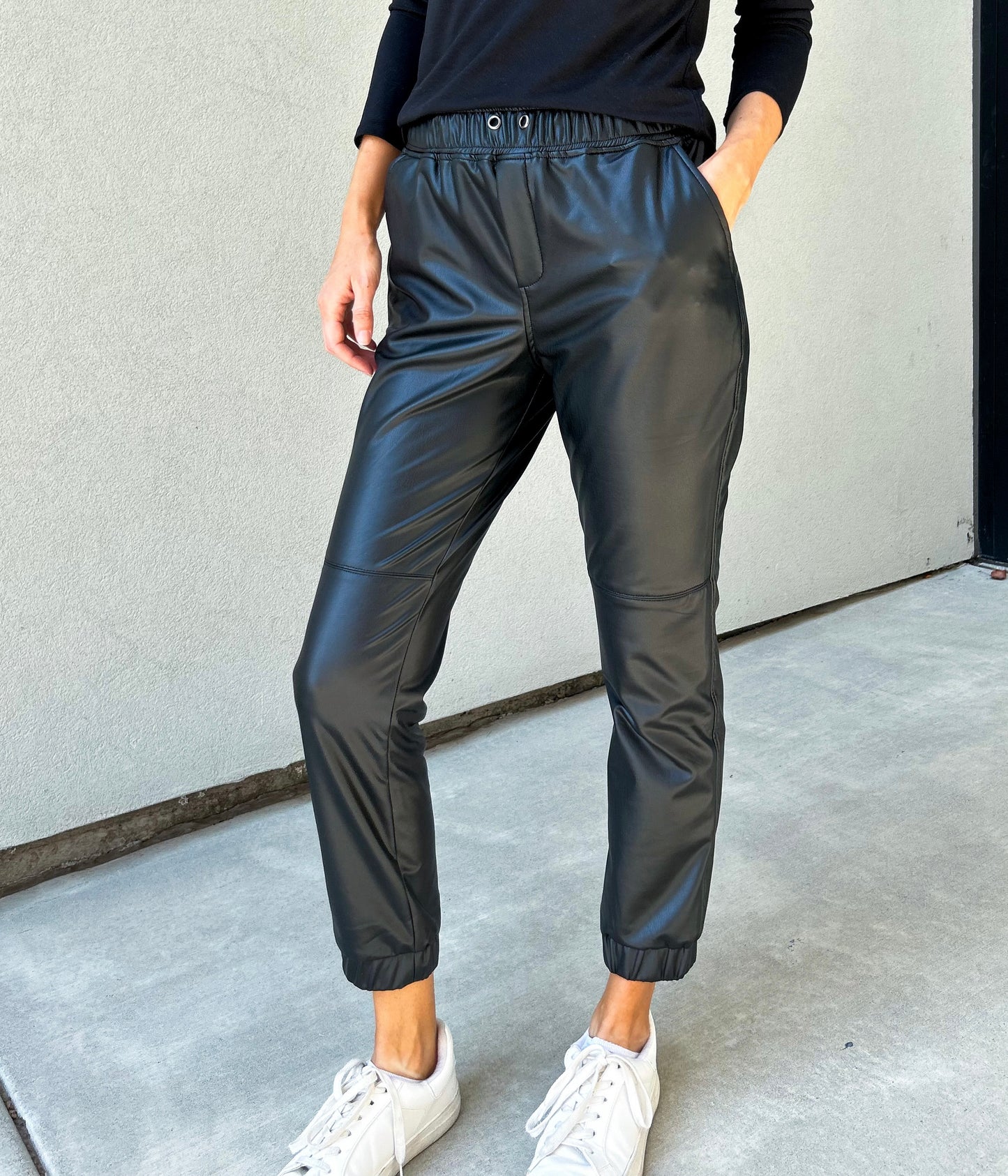 Dez Stretch Faux Leather Joggers (Black)