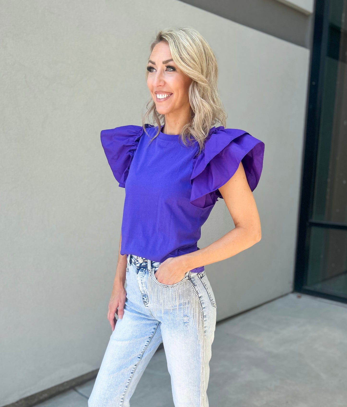 Kaila Flutter Sleeve Cotton Top (K-State Purple)