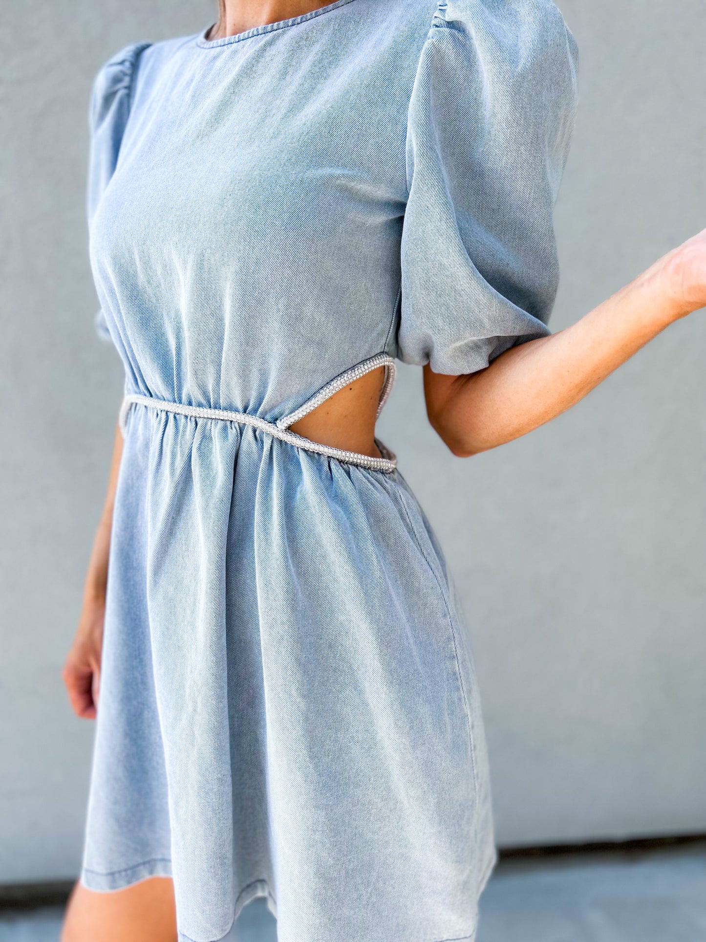 Laney Puff Sleeve Rhinestone Side Cut Out Denim Dress