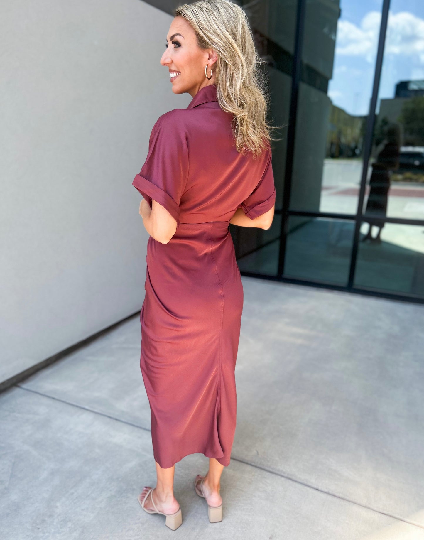 Beloved Gathered Button Down Midi Dress