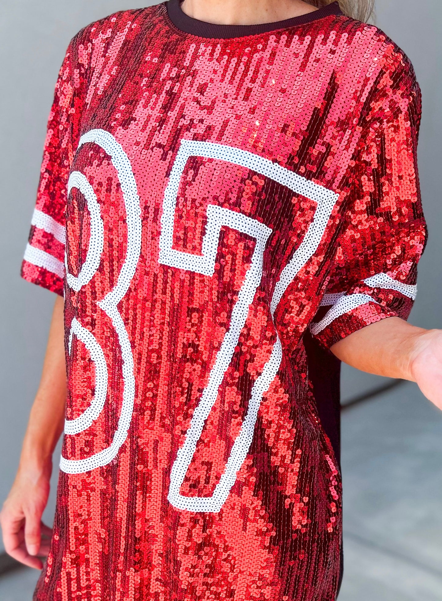 #87 Red Sequin Jersey TShirt Dress