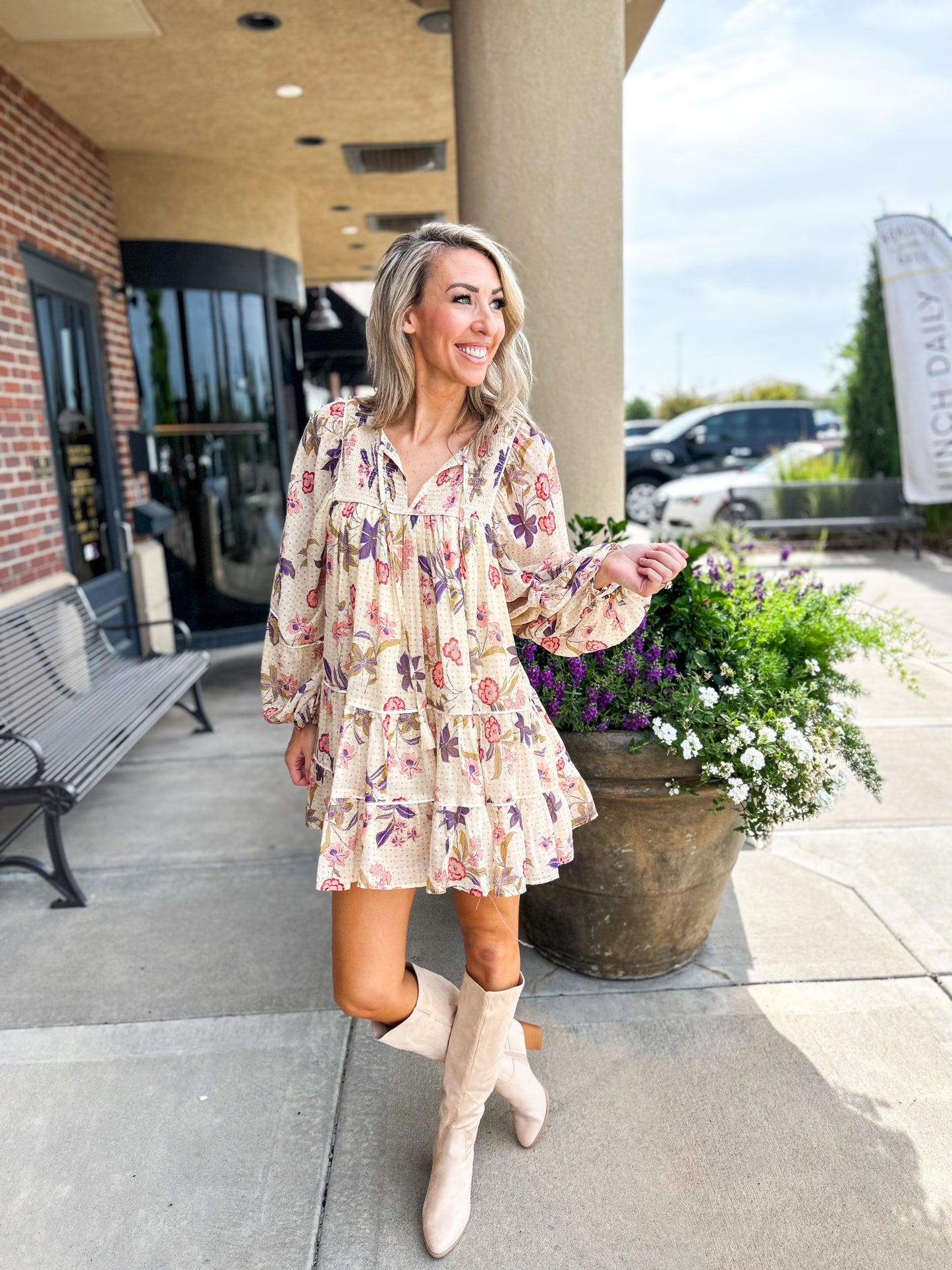 Golden Floral Tiered Mini Dress