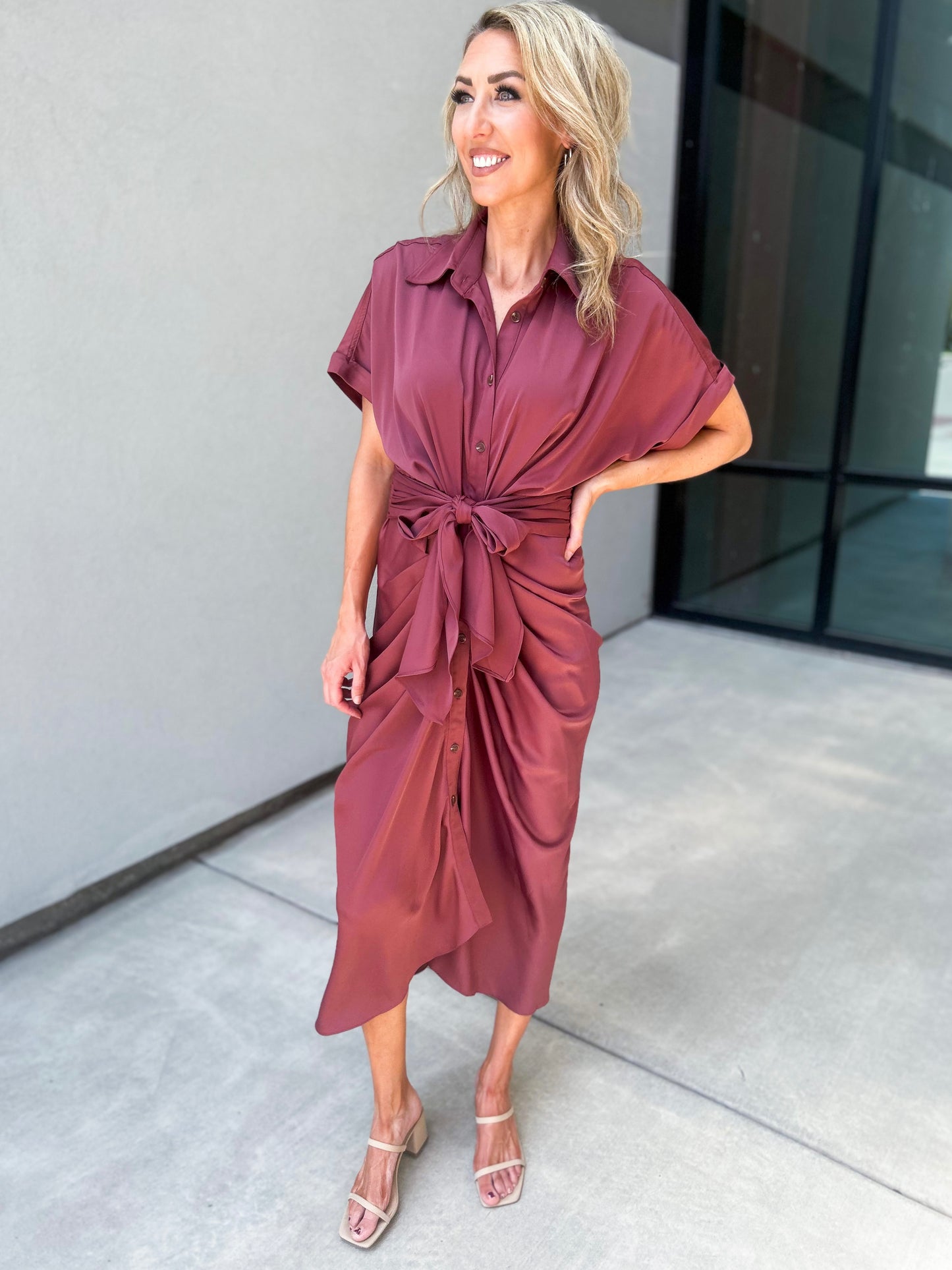 Beloved Gathered Button Down Midi Dress
