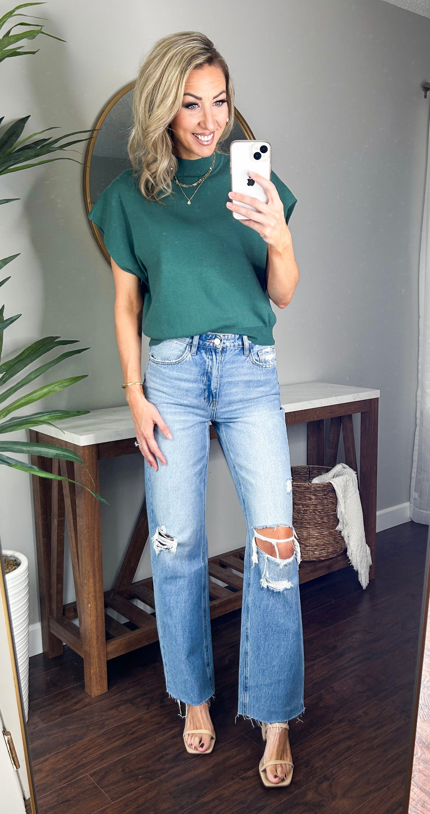 Sadei Mock Neck Short Sleeve Sweater Top (Teal)