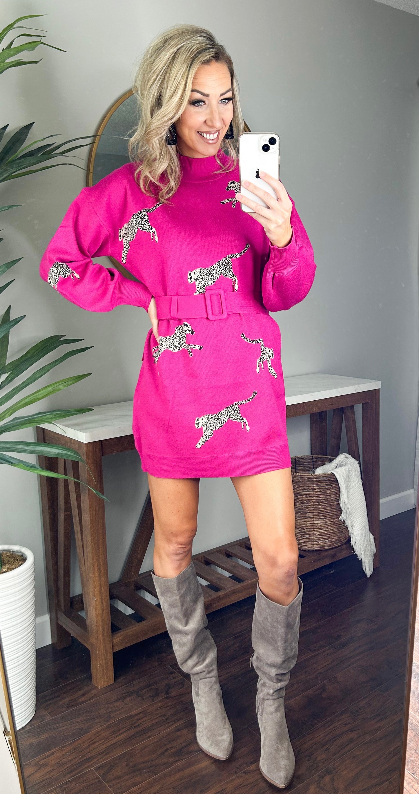 Lydia Leopard Belted Sweater Dress