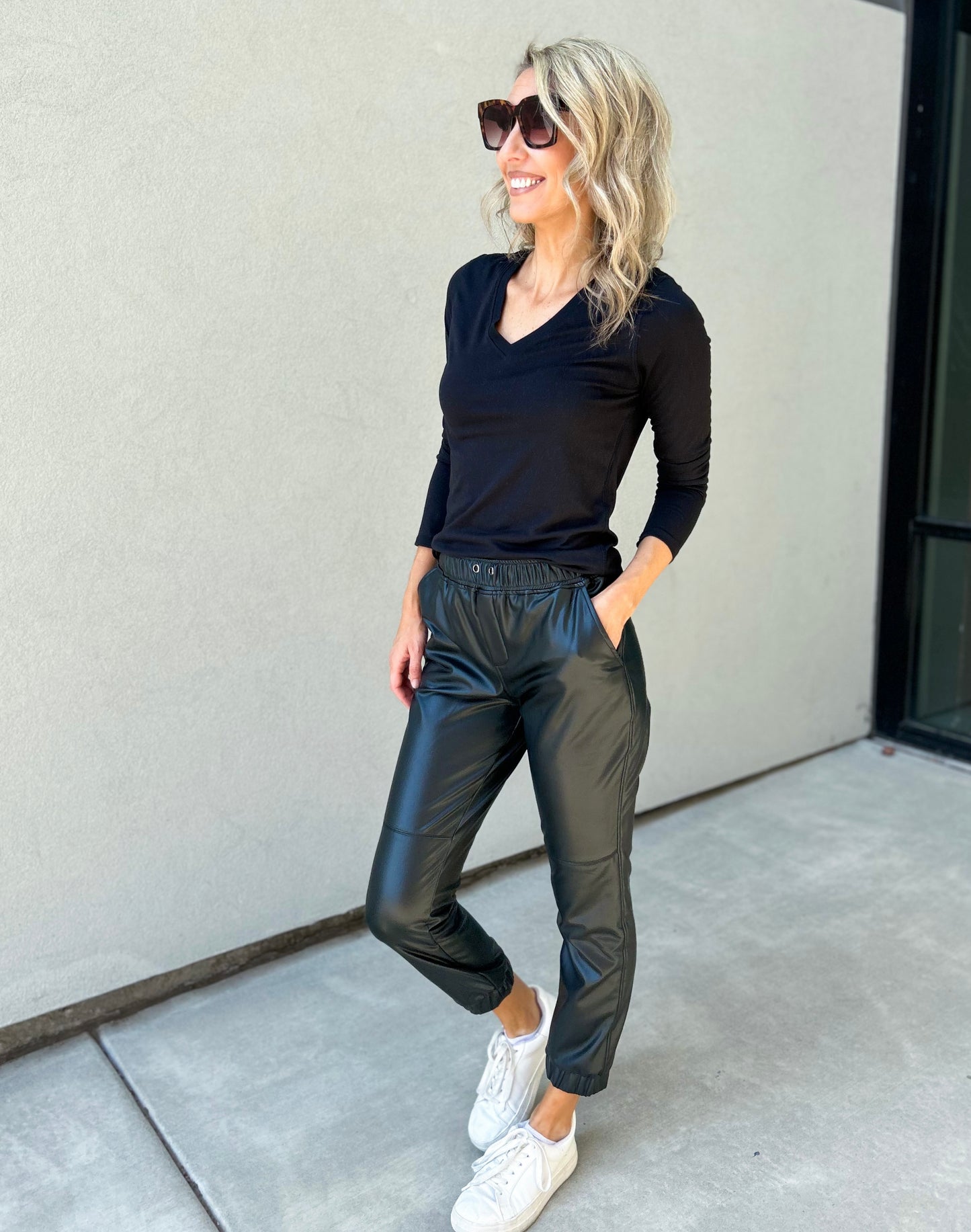 Dez Stretch Faux Leather Joggers (Black)