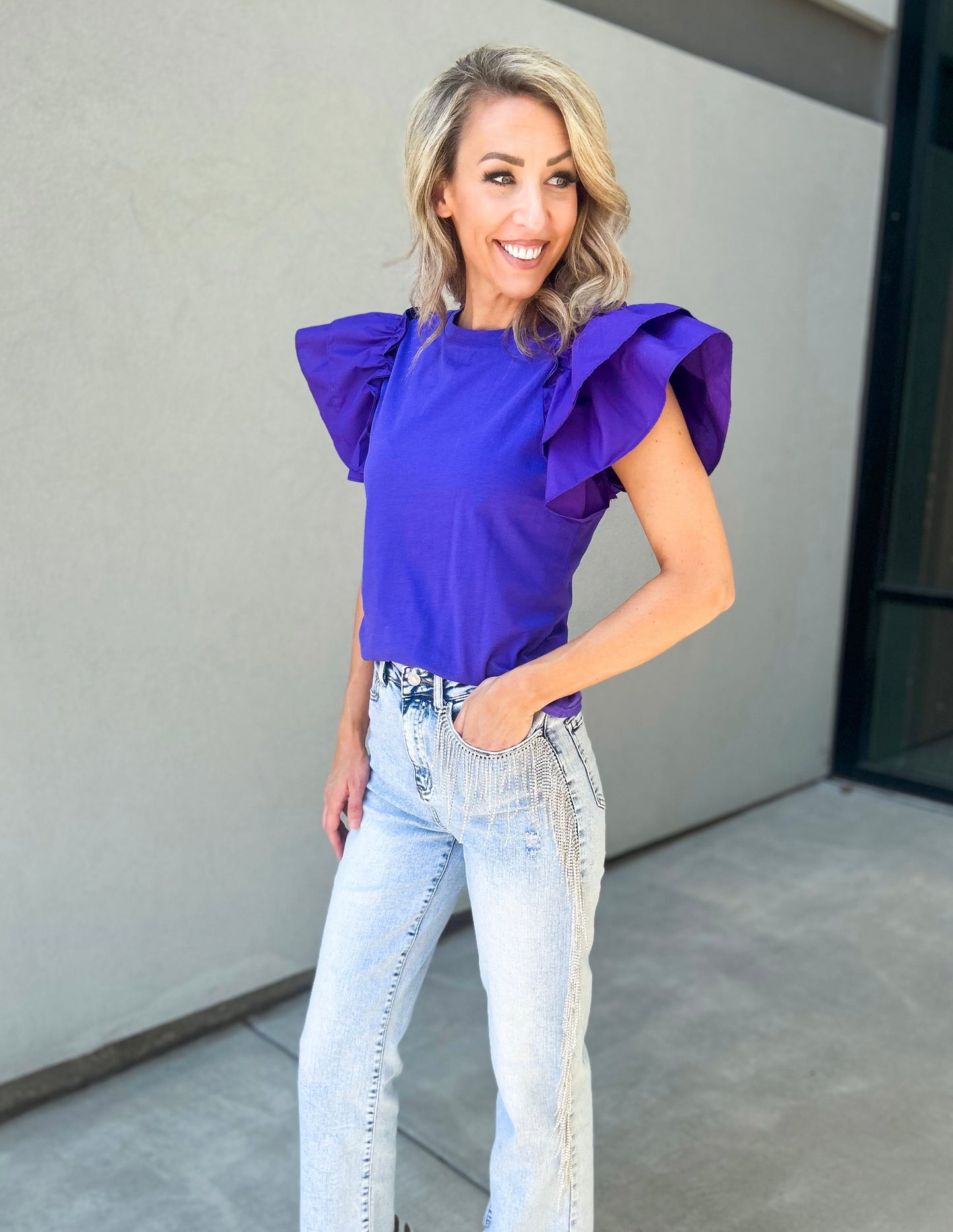 Kaila Flutter Sleeve Cotton Top (K-State Purple)