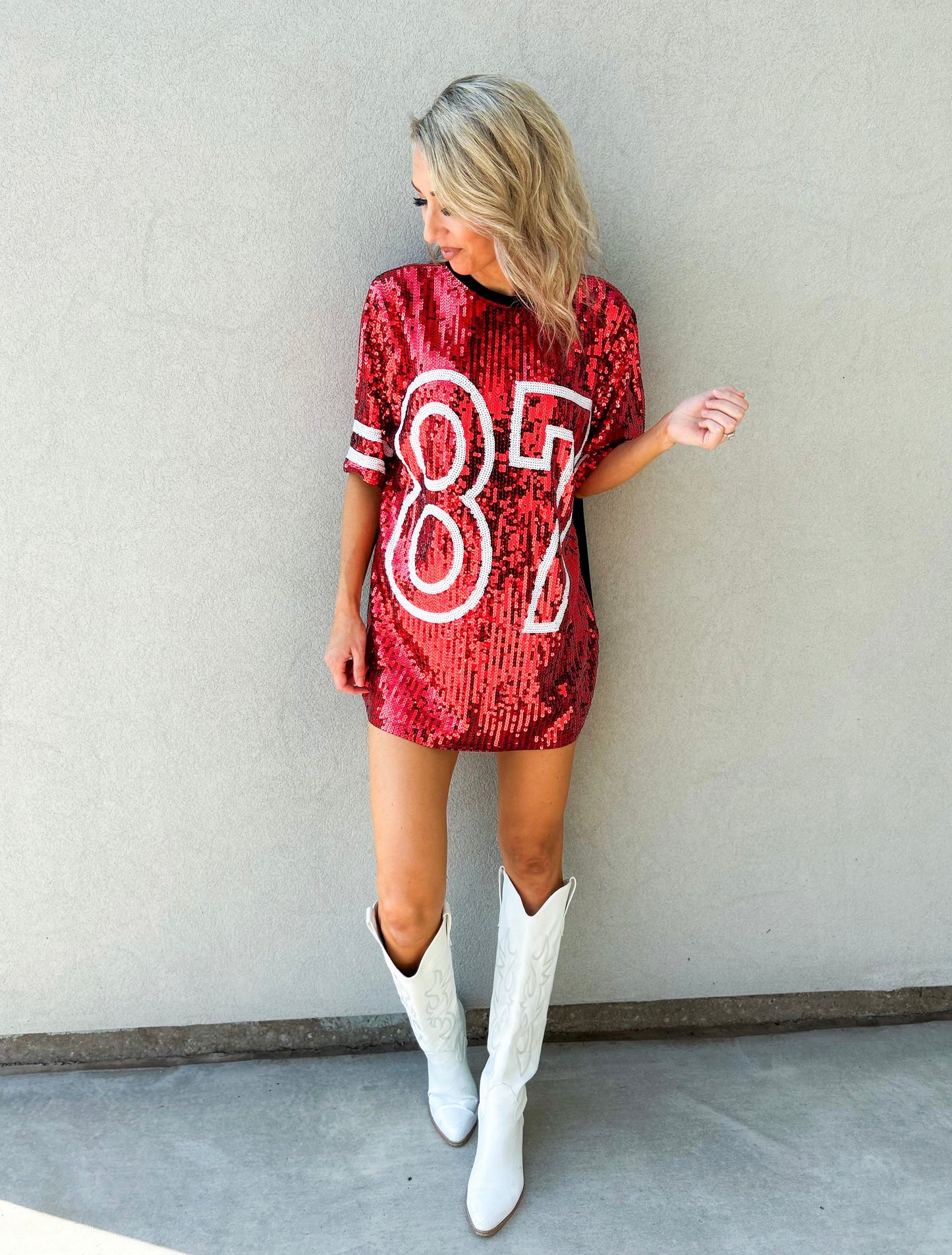 #87 Red Sequin Jersey TShirt Dress