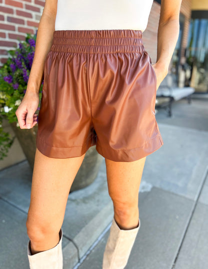 Brixley Elastic Waist Faux Leather Shorts (Walnut)