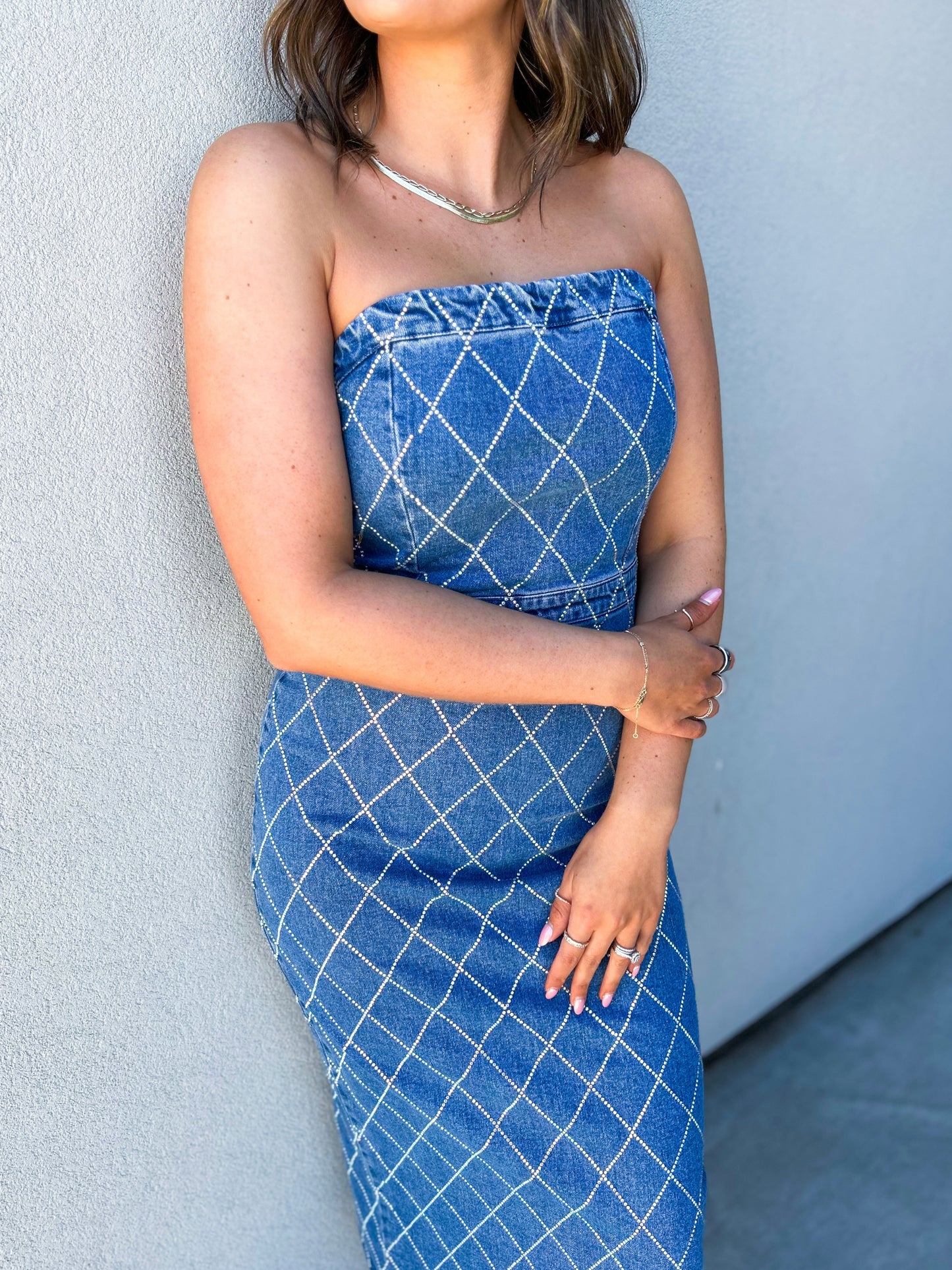 Lara Rhinestone Denim Midi Dress