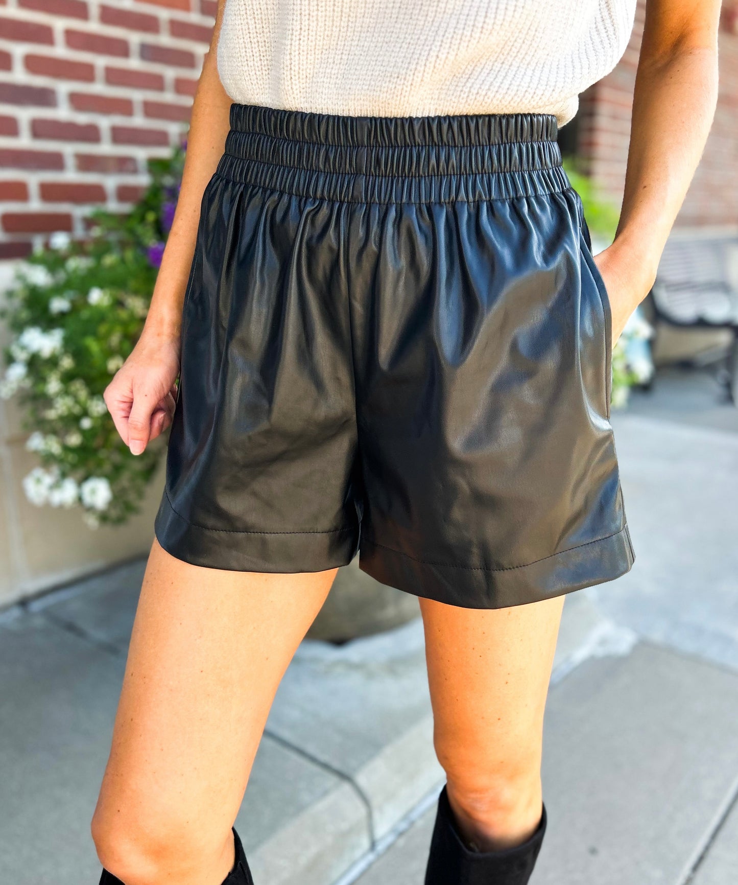 Brixley Elastic Waist Faux Leather Shorts (Black)