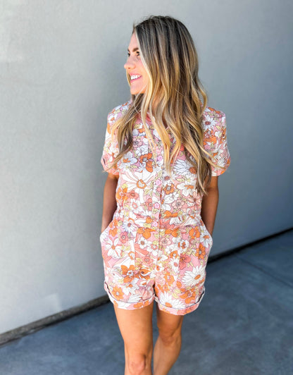 Helene Stretch Woven Twill Floral Romper (Apricot)