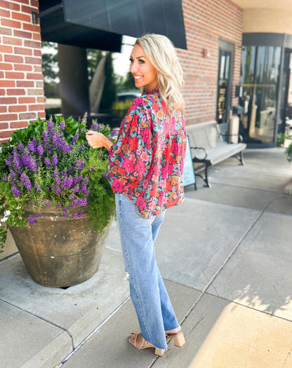 Mandy Bubble Sleeve Button Down Oversized Top (Multi)