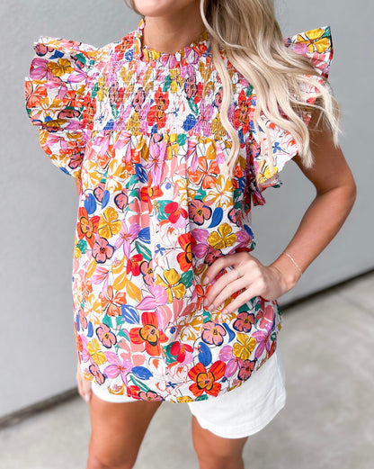 Crishell Smocked Floral Cotton Top