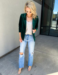 She Knows It Velvet Floral Lined Blazer (Hunter Green)