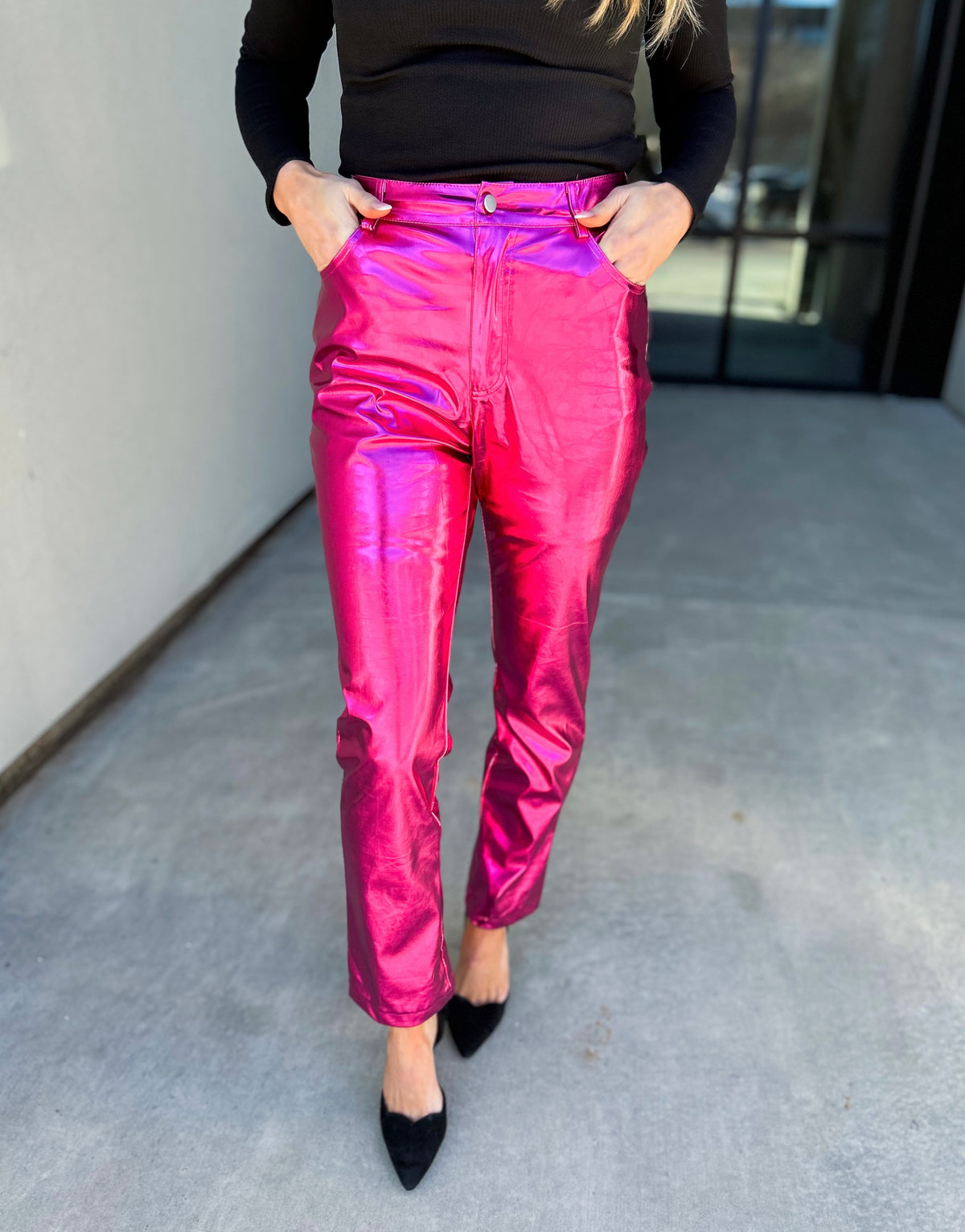 Jenner Metallic Stretch Faux Leather Straight Leg Pants