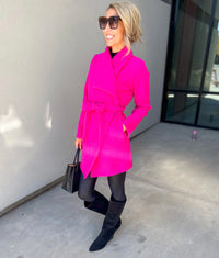 Vivi Open front Waist Tie Wrap Coat (Hot Pink)