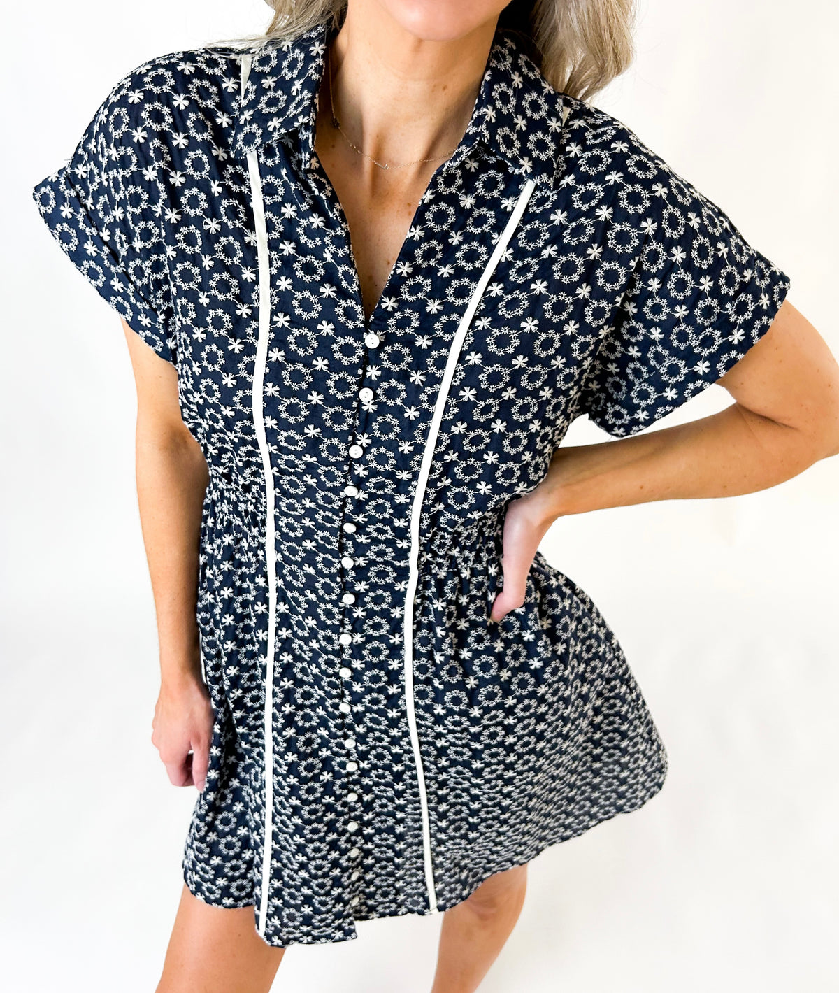 Zoe Embroidered Button Down Shirt Dress