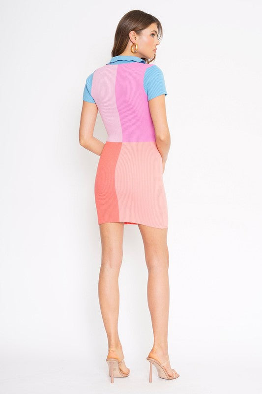 Lecroy Color Block Collared Ribbed Dress