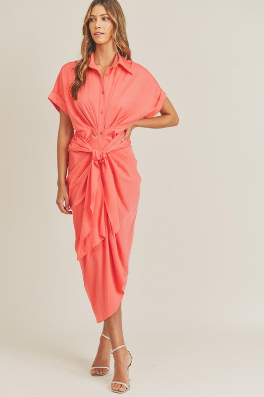 Beloved Gathered Button Down Midi Dress (Neon Coral)