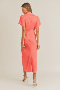 Beloved Gathered Button Down Midi Dress (Neon Coral)