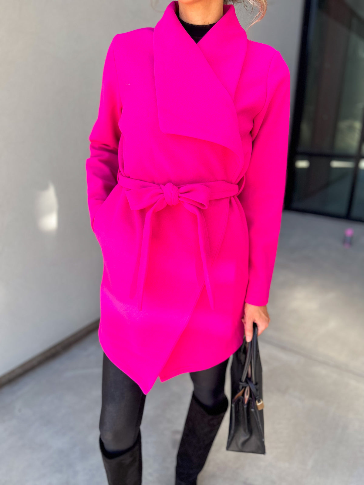 Vivi Open front Waist Tie Wrap Coat (Hot Pink)