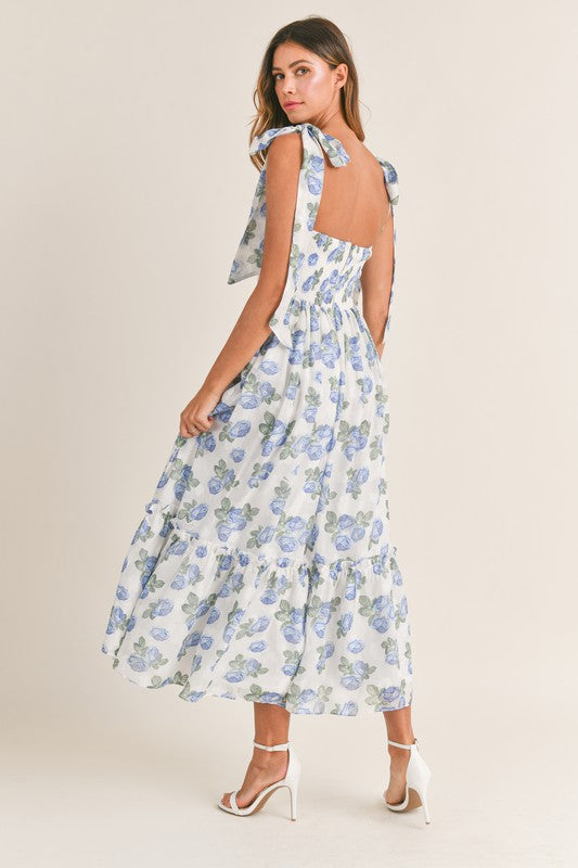 Kassy Floral Ruched Shoulder Tie Midi Dress