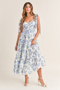 Kassy Floral Ruched Shoulder Tie Midi Dress