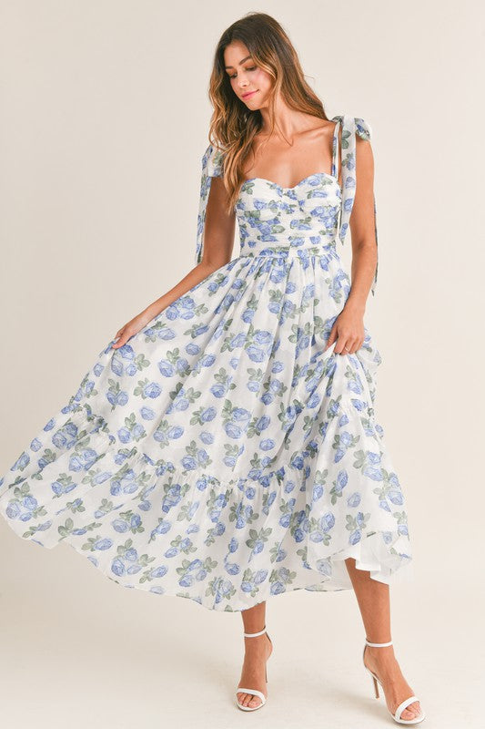 Kassy Floral Ruched Shoulder Tie Midi Dress