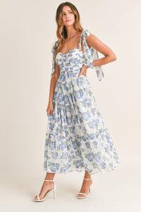 Kassy Floral Ruched Shoulder Tie Midi Dress