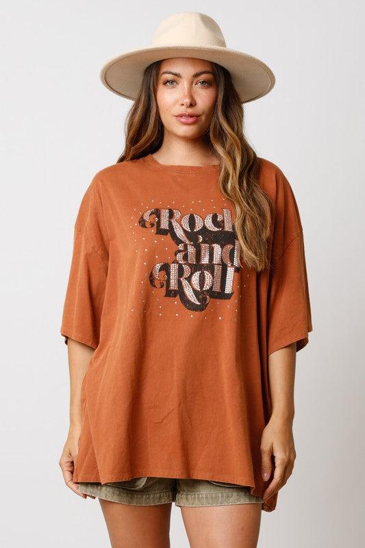 ROCK AND ROLL Acid Wash Oversized Rhinestone Tee