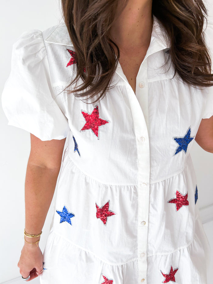 Sequin Stars Button Down Tiered Dress