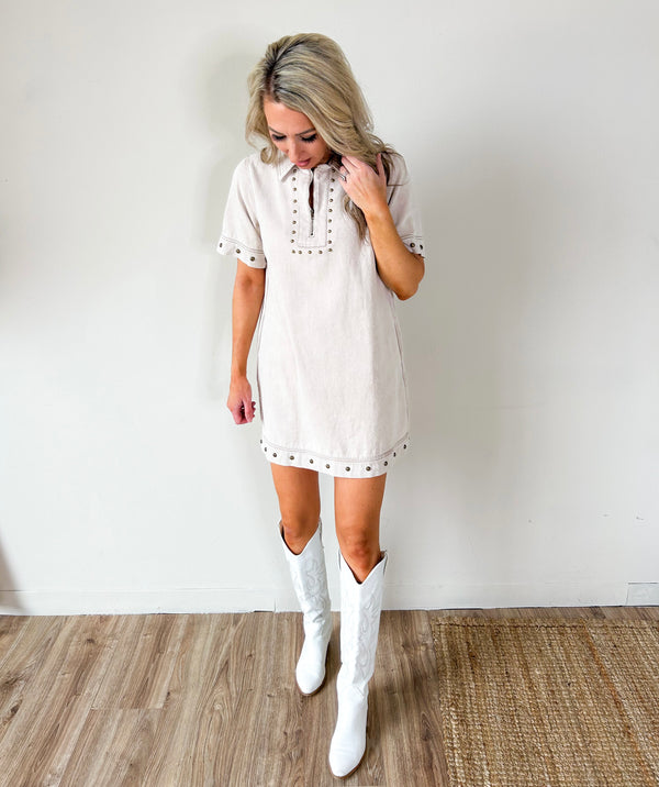 Kara Studded Washed Denim Mini Dress