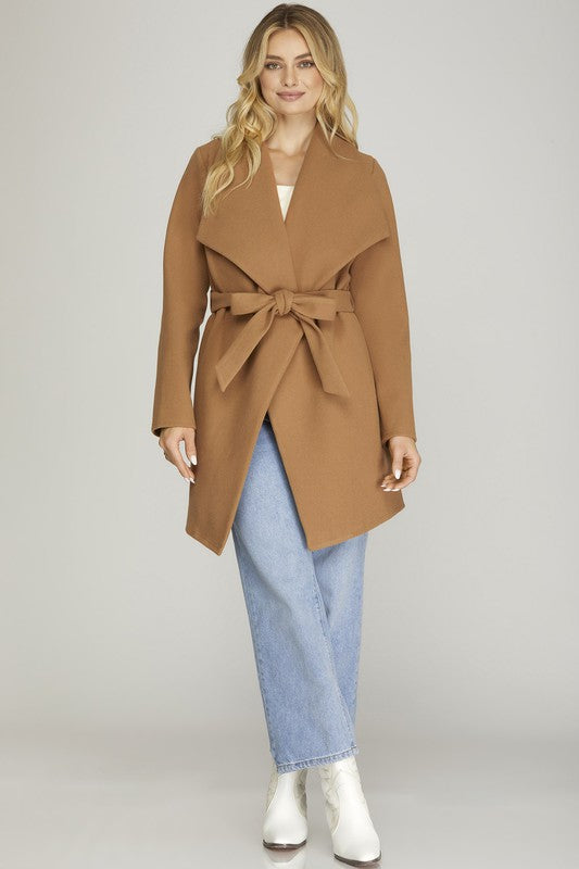 Camel coat fashion tie waist