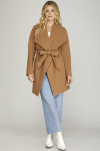 Vivi Open front Waist Tie Wrap Coat (Camel)