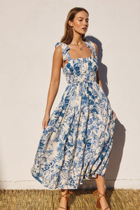 Porcelain Tie Shoulder Floral Midi Sun Dress