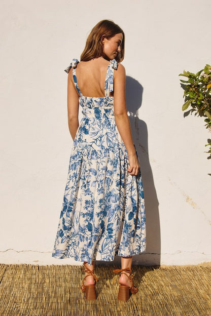 Porcelain Tie Shoulder Floral Midi Sun Dress